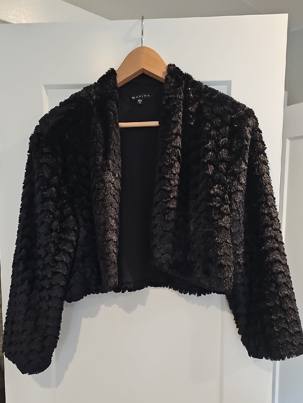 MARINA Black Plush Faux Fur Cropped Teddy Jacket